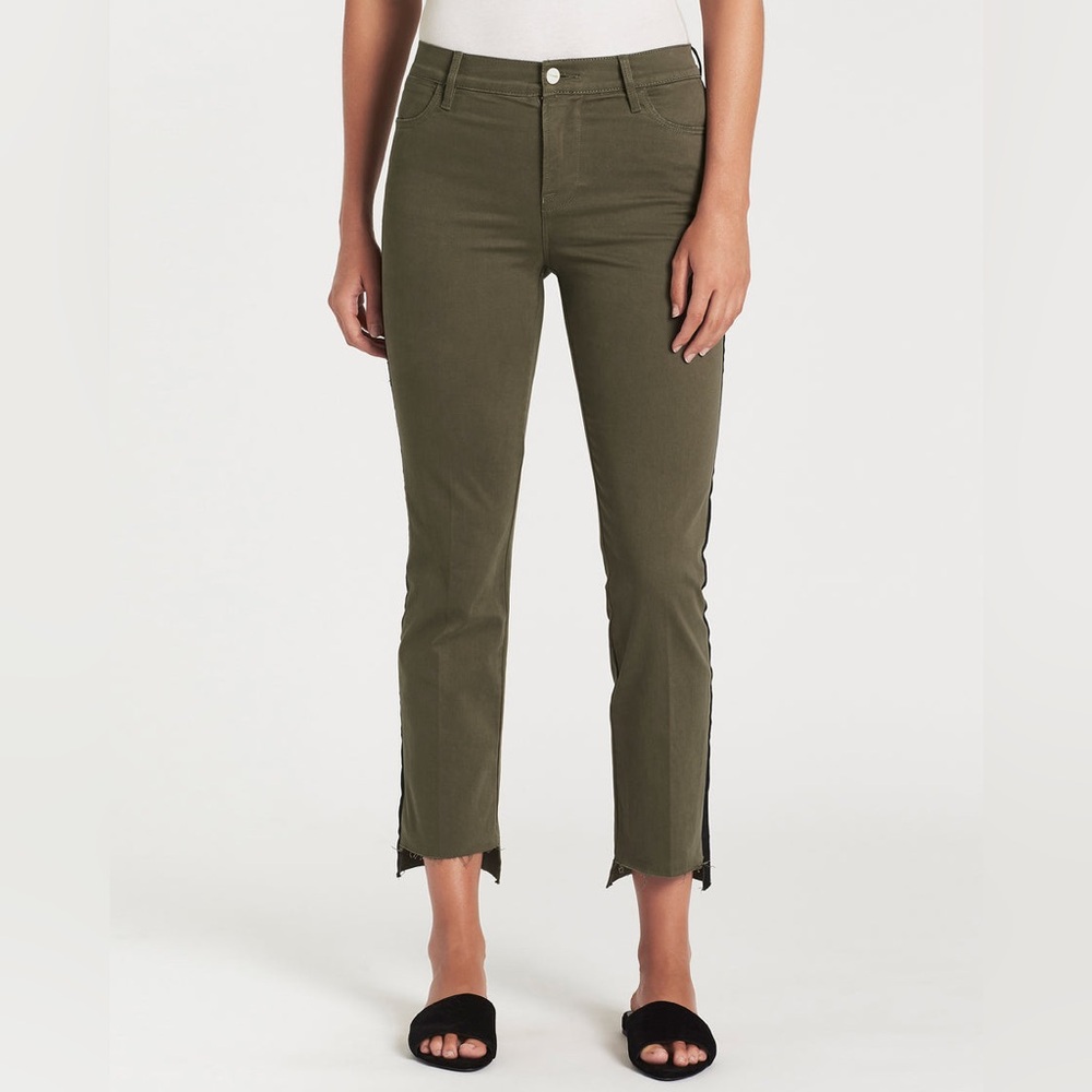 FRAME Le High Straight Raw Stagger Army Green Jeans